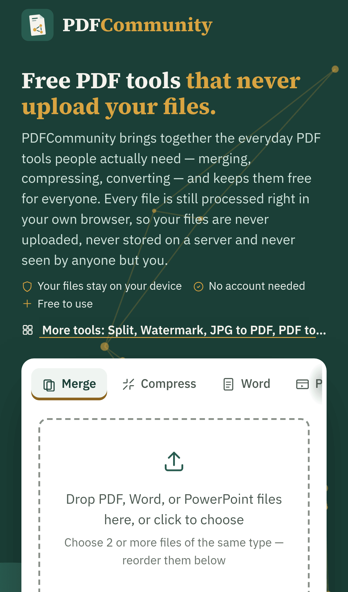 The PDFCommunity home page on a smartphone